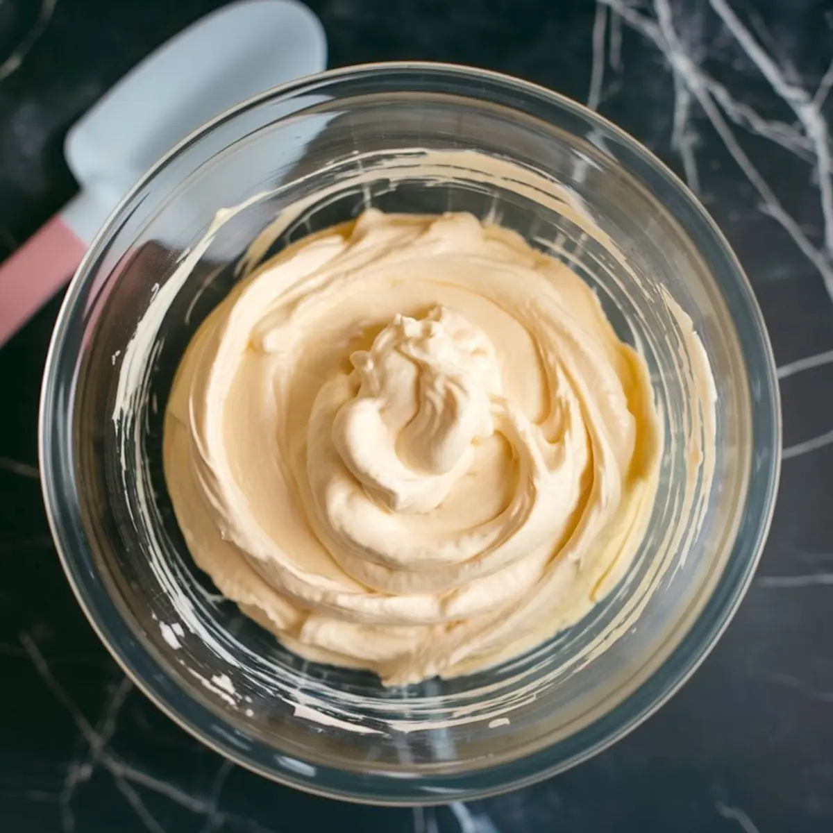Thick and fluffy cream cheese filling whipped in a clear glass bowl, with a pastel spatula nearby on a black marble surface.