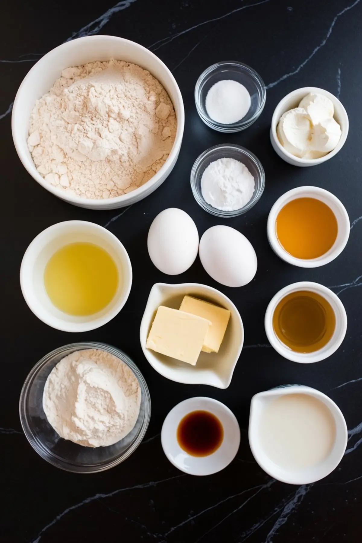 Flat lay of baking ingredients including flour, eggs, butter, vanilla extract, sugar, and cream cheese, arranged in white bowls on a dark countertop.