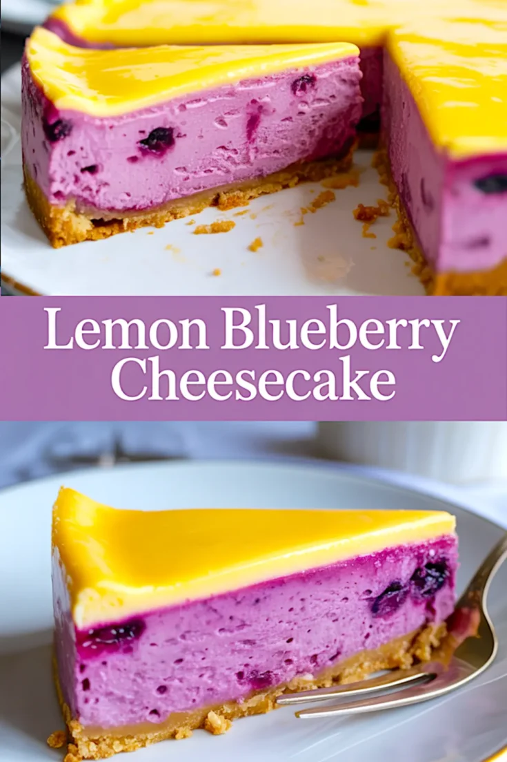 Collage featuring a close-up of a sliced lemon blueberry cheesecake and a plated slice showing creamy purple blueberry filling, lemon curd topping, and graham cracker crust, labeled “Lemon Blueberry Cheesecake.”