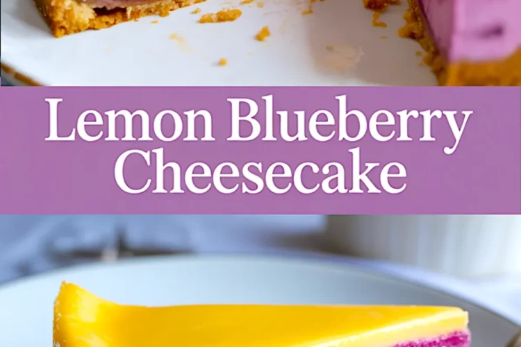 Collage featuring a close-up of a sliced lemon blueberry cheesecake and a plated slice showing creamy purple blueberry filling, lemon curd topping, and graham cracker crust, labeled “Lemon Blueberry Cheesecake.”