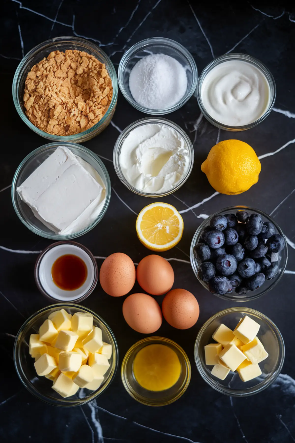 Overhead layout of cheesecake ingredients including graham cracker crumbs, sugar, yogurt, cream cheese, sour cream, lemon, blueberries, eggs, butter, vanilla extract, and lemon curd in glass bowls on a black marble surface.
