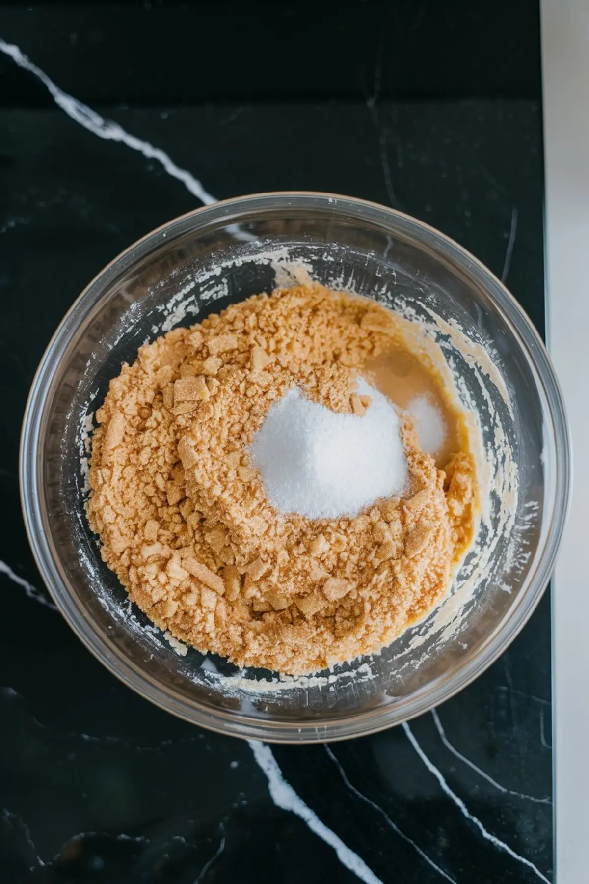 Crushed graham crackers and granulated sugar in a clear mixing bowl on a black marble countertop, ready to be combined for a cheesecake crust.