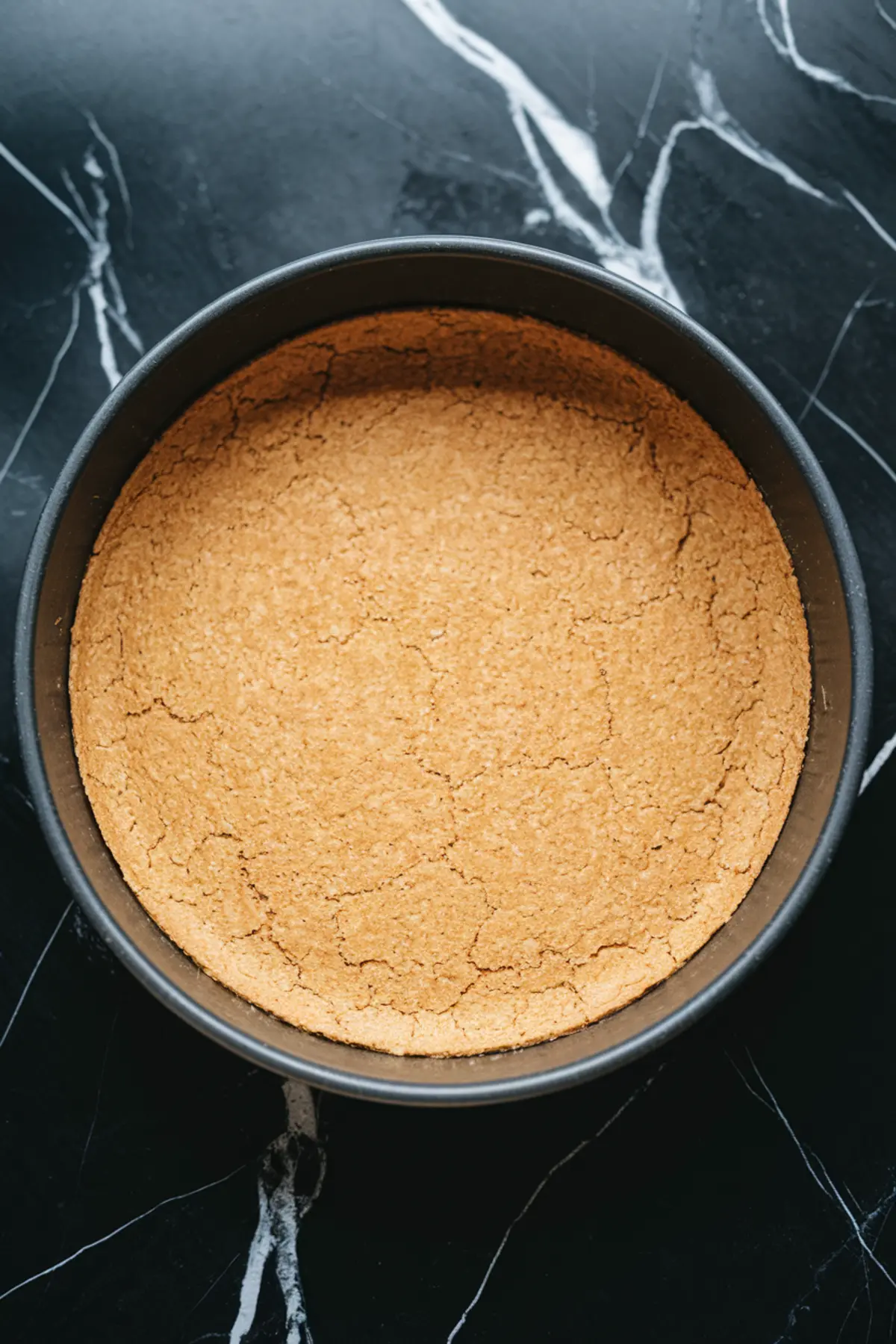 Baked graham cracker crust pressed into a round springform pan, with a golden, slightly cracked surface.