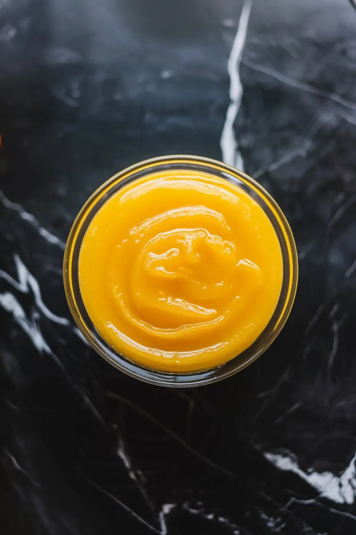Smooth lemon curd in a glass bowl, featuring a glossy texture and vibrant yellow color.