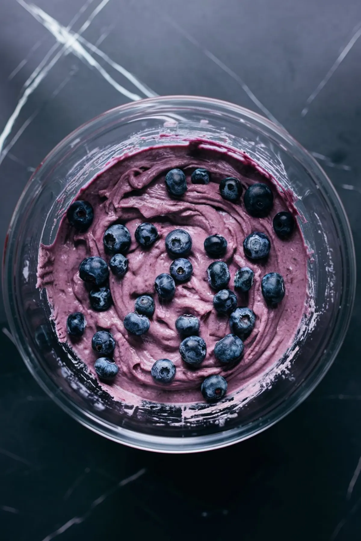 Thick blueberry cheesecake batter swirled in a glass bowl, topped with fresh whole blueberries.