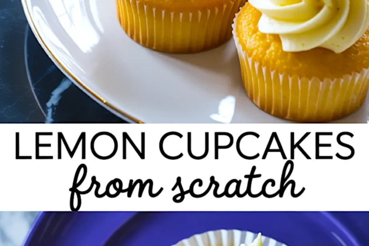 Collage image of lemon cupcakes with piped frosting on a white plate and a bitten cupcake on a liner, with bold yellow and purple text overlay.