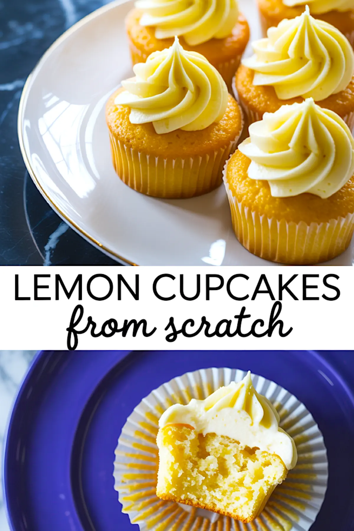Collage image of lemon cupcakes with piped frosting on a white plate and a bitten cupcake on a liner, with bold yellow and purple text overlay.