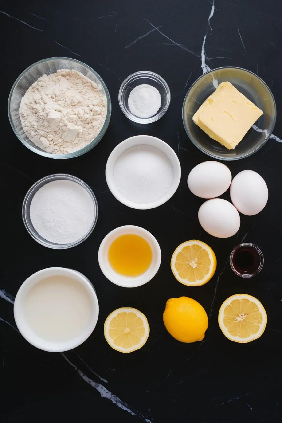 Overhead layout of lemon cupcake ingredients including flour, sugar, butter, eggs, baking powder, milk, vanilla extract, and fresh lemons on a dark marble counter.