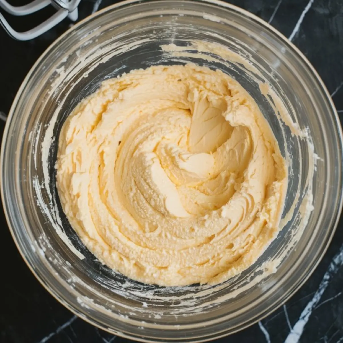Creamed butter and sugar mixture in a glass mixing bowl, beaten to a fluffy texture for cupcake batter.