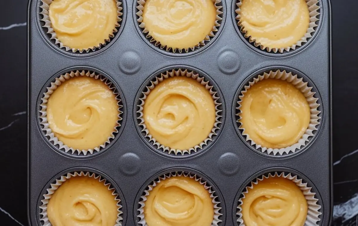 Muffin tin filled with yellow lemon cupcake batter swirled into paper liners, ready for baking.