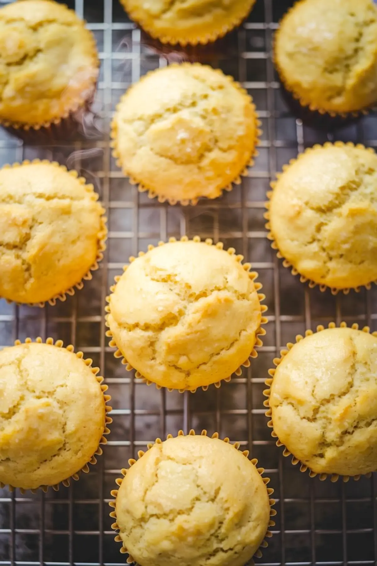 Freshly baked lemon cupcakes cooling on a wire rack, with golden domed tops and soft texture.