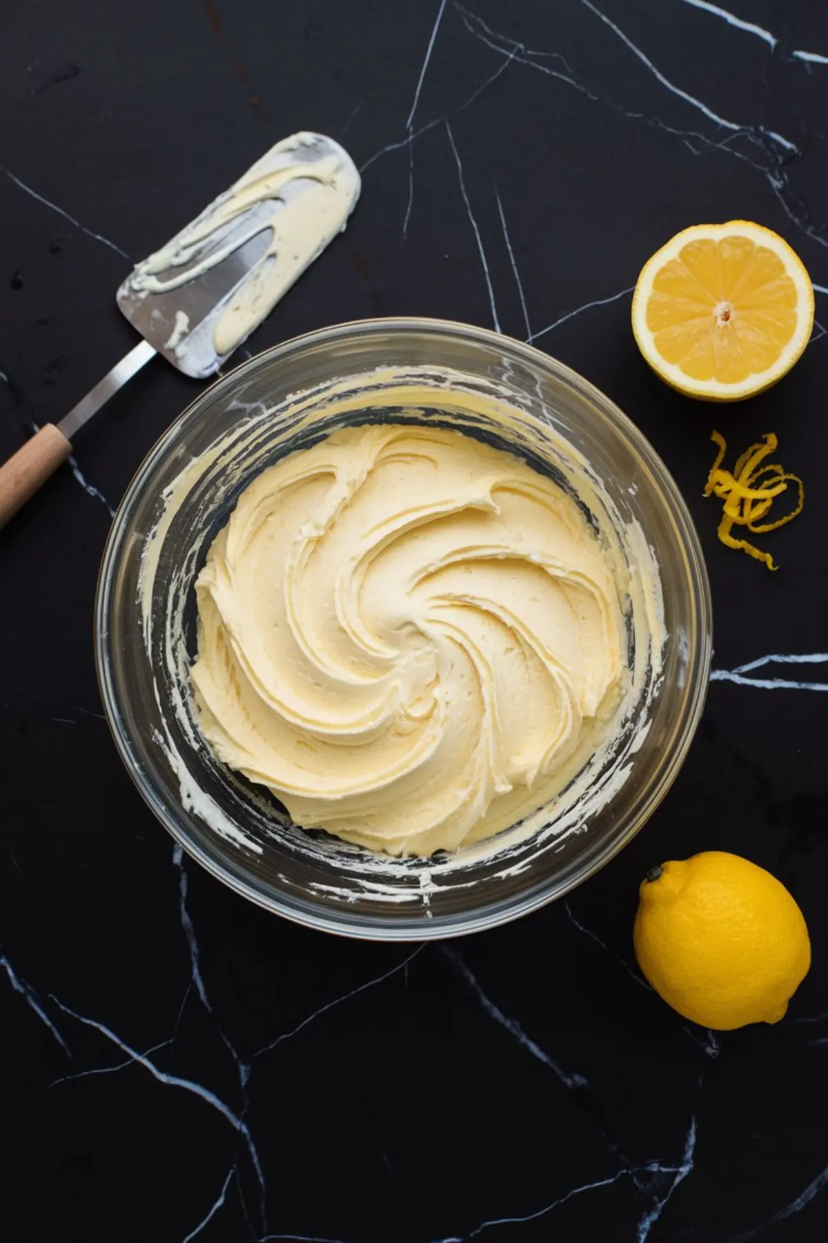 Glass bowl of whipped lemon buttercream frosting swirled in a spiral pattern, placed on a black marble surface with fresh lemons and zest.