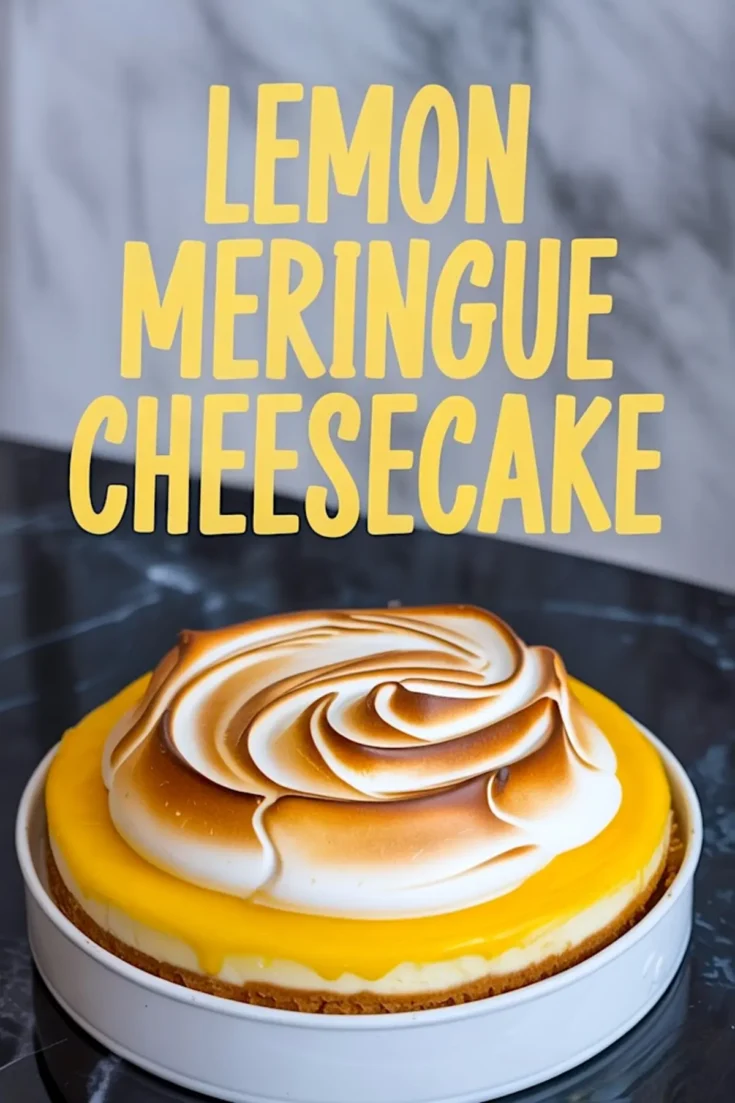 A fully assembled lemon meringue cheesecake with a golden-brown toasted meringue swirl on top of vibrant lemon curd, displayed on a white plate with bold text reading “Lemon Meringue Cheesecake.”