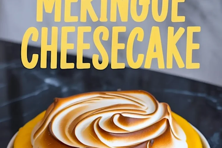 A fully assembled lemon meringue cheesecake with a golden-brown toasted meringue swirl on top of vibrant lemon curd, displayed on a white plate with bold text reading “Lemon Meringue Cheesecake.”