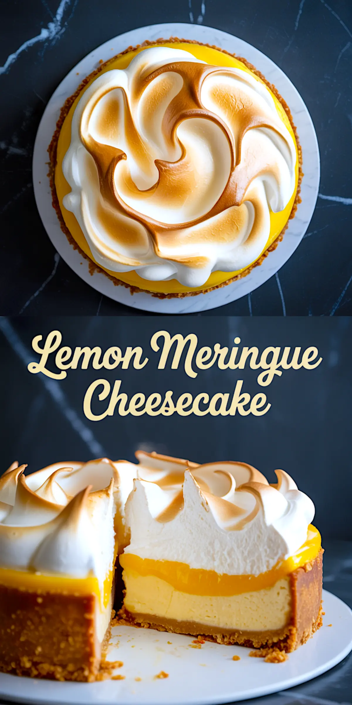 Top and side views of a lemon meringue cheesecake collage. The top image shows the cheesecake with a toasted meringue swirl and glossy lemon curd layer. The bottom image displays a cut slice revealing creamy cheesecake filling, lemon curd layer, and graham cracker crust. Text overlay reads “Lemon Meringue Cheesecake.”
