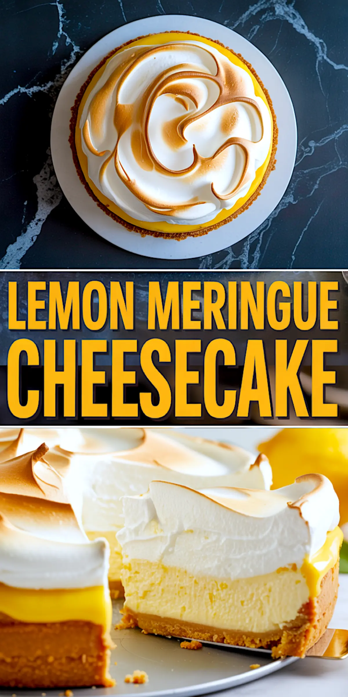 Collage featuring lemon meringue cheesecake. The top view highlights the swirled toasted meringue and bright lemon curd. The bottom close-up shows a slice exposing the layered structure of crust, cheesecake, lemon curd, and meringue. Bold text reads “Lemon Meringue Cheesecake.”
