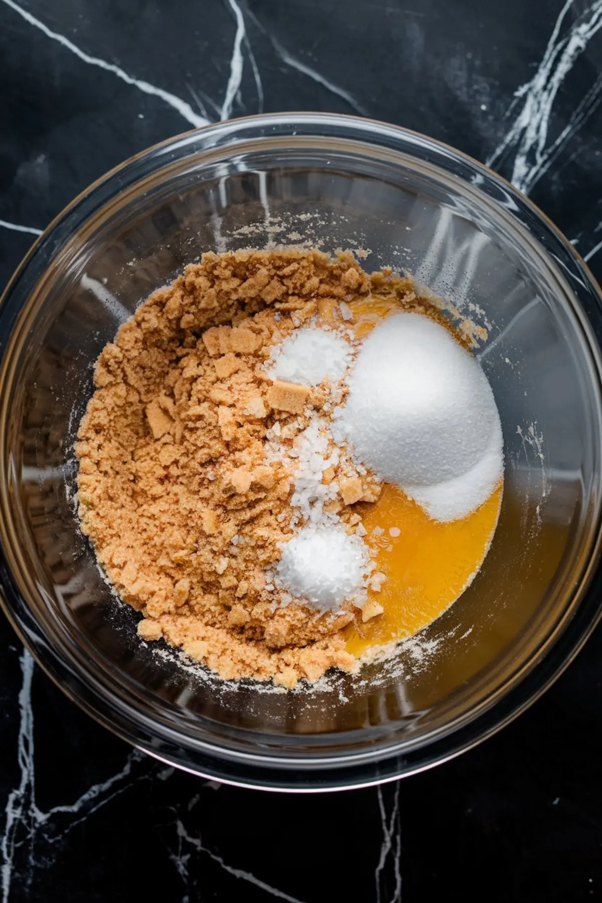 Graham cracker crust mixture with crumbs, sugar, salt, and melted butter combined in a clear glass mixing bowl on a dark marble surface.
