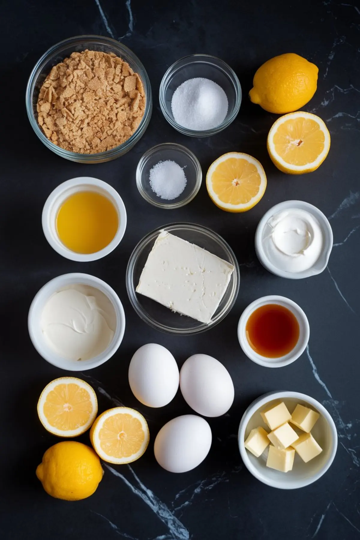 Flat lay of cheesecake ingredients on a black marble surface, including graham cracker crumbs, granulated sugar, salt, lemons, eggs, cream cheese, sour cream, vanilla extract, melted butter, and lemon juice.

