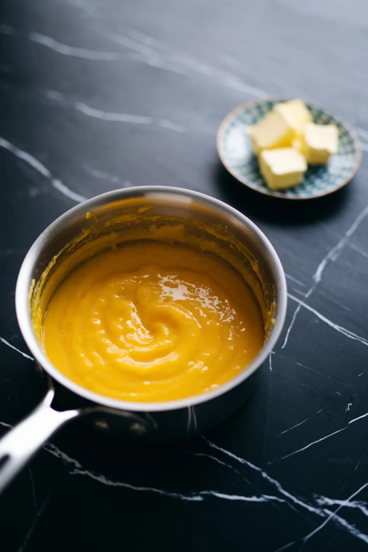 A saucepan filled with glossy, vibrant yellow lemon curd, with a small plate of cubed butter in the background, all placed on a black marble surface.
