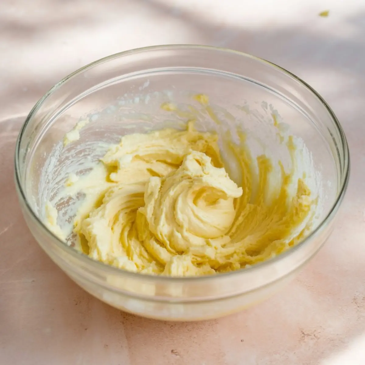 Whipped butter and sugar mixture in a glass bowl, showing a fluffy, creamy texture for cookie dough preparation.