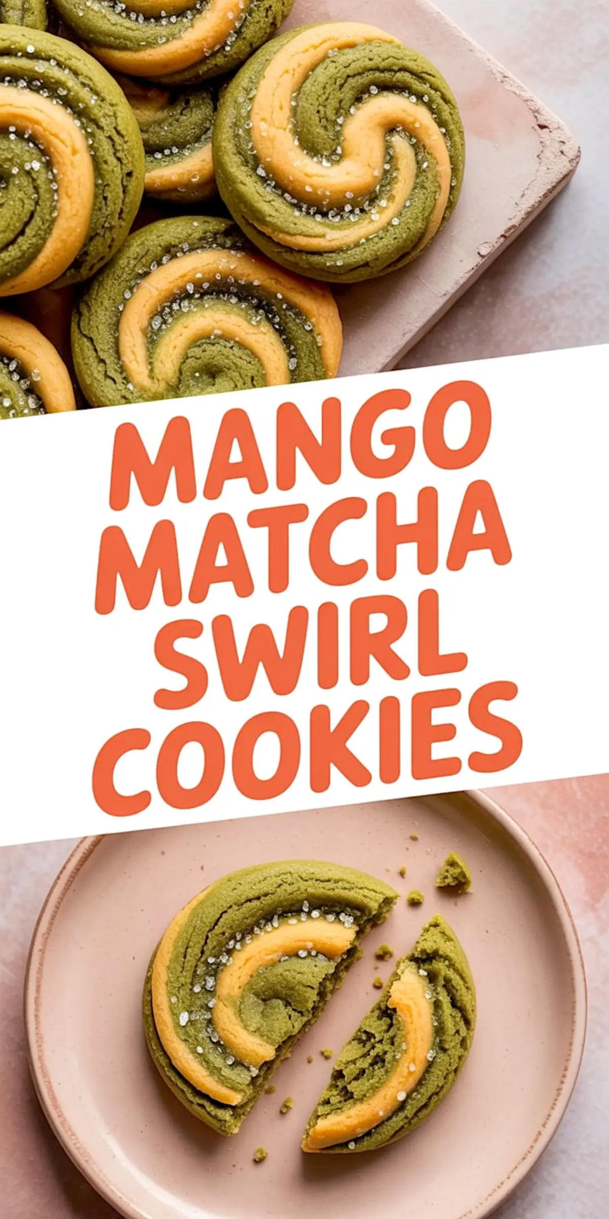 Mango matcha swirl cookies displayed on a tray with coarse sugar topping, next to a broken cookie on a plate with bold text overlay saying "Mango Matcha Swirl Cookies".