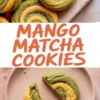 Flat lay of swirl mango matcha cookies on a plate, highlighting the split cookie to show soft texture inside, with text reading "Mango Matcha Cookies".