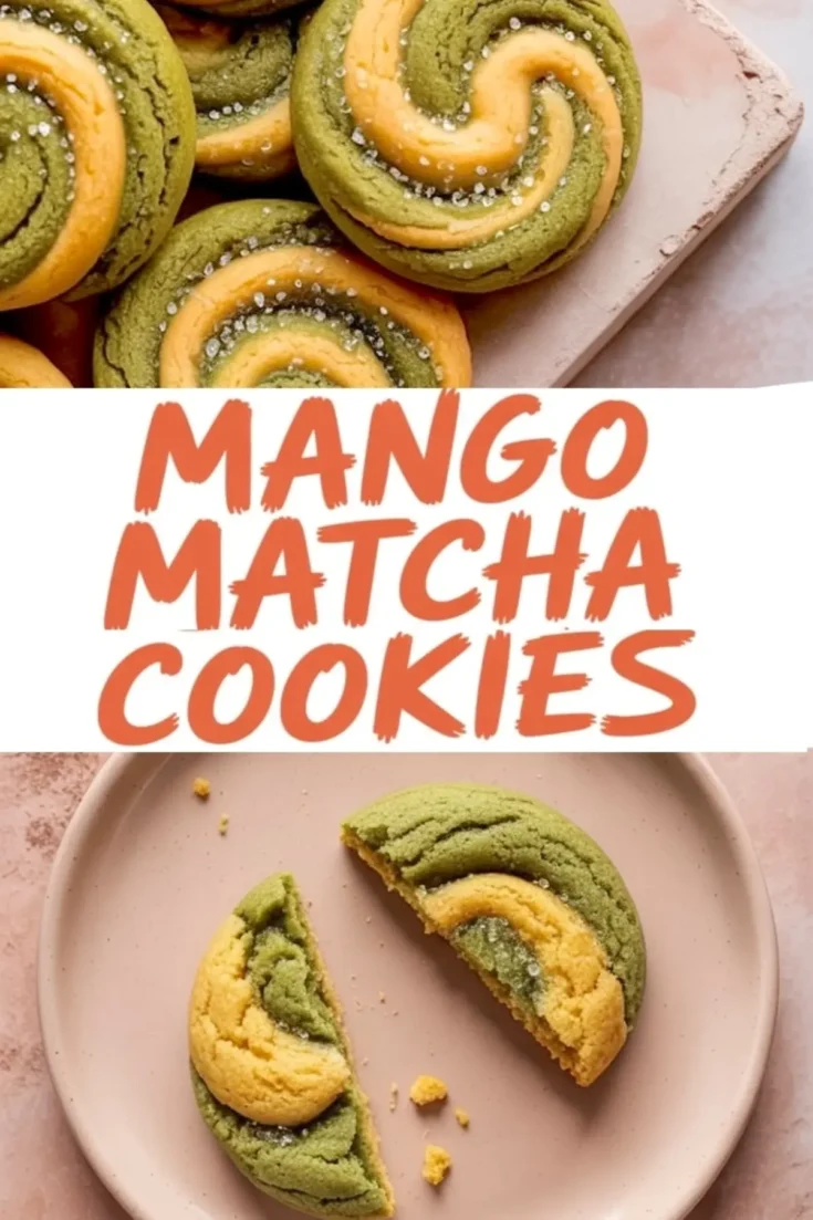 Flat lay of swirl mango matcha cookies on a plate, highlighting the split cookie to show soft texture inside, with text reading