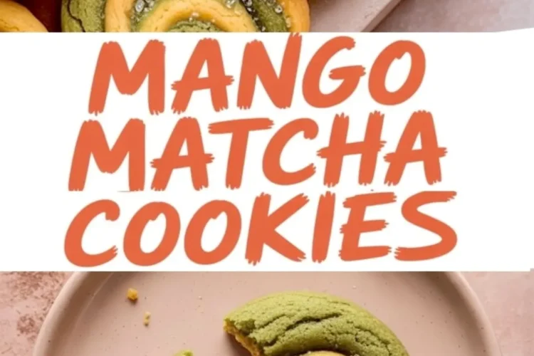 Flat lay of swirl mango matcha cookies on a plate, highlighting the split cookie to show soft texture inside, with text reading "Mango Matcha Cookies".