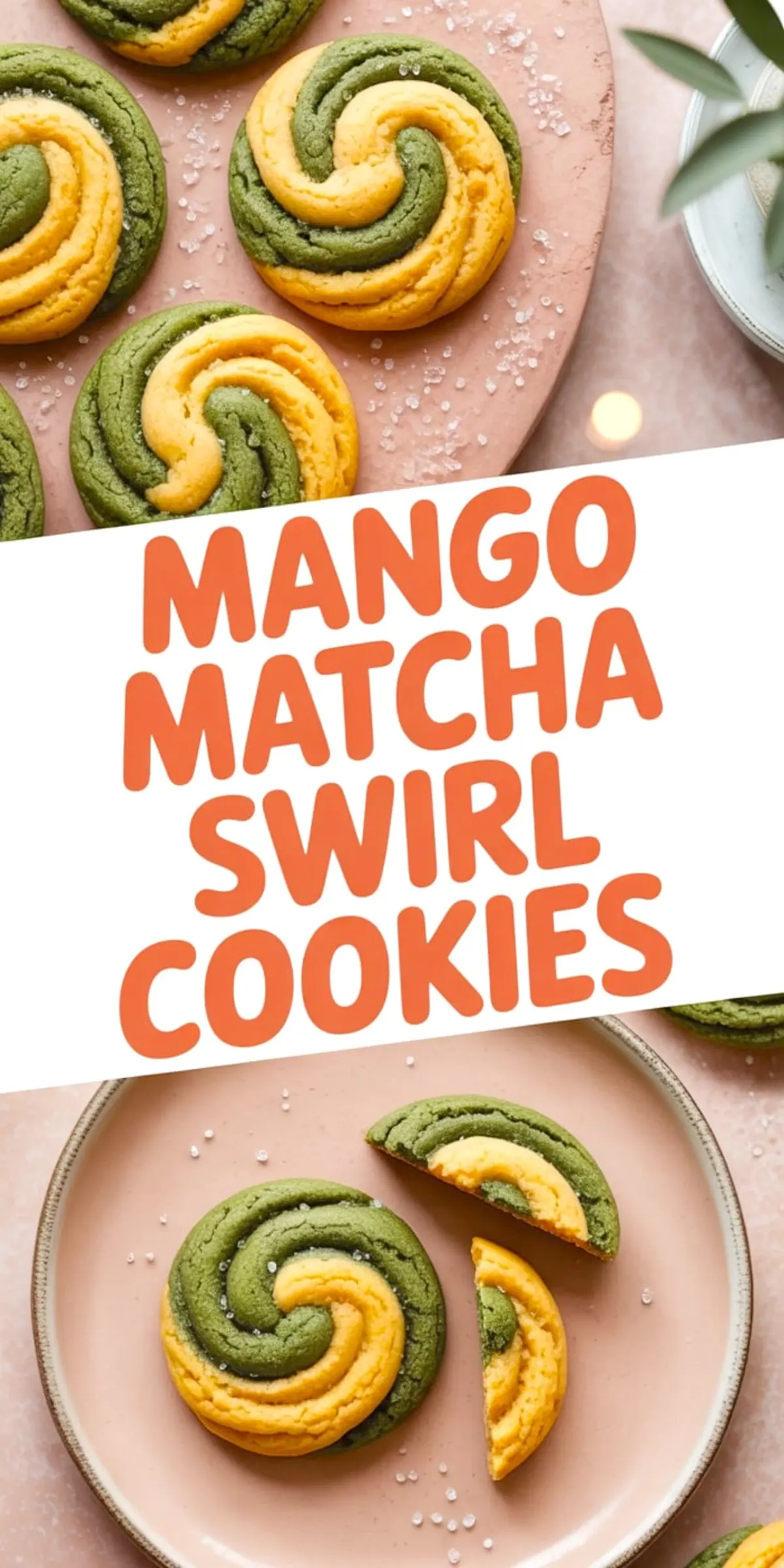Brightly colored swirl cookies made with mango and matcha dough, served on a plate and sprinkled with coarse sugar, accompanied by text "Mango Matcha Swirl Cookies".