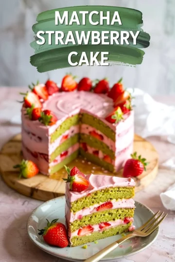 Sliced matcha strawberry layer cake with vibrant green sponge and pink strawberry frosting, garnished with fresh strawberries. A single slice is served on a plate with a gold fork, showcasing the soft layers and berry filling.