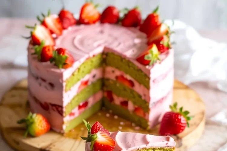 Sliced matcha strawberry layer cake with vibrant green sponge and pink strawberry frosting, garnished with fresh strawberries. A single slice is served on a plate with a gold fork, showcasing the soft layers and berry filling.