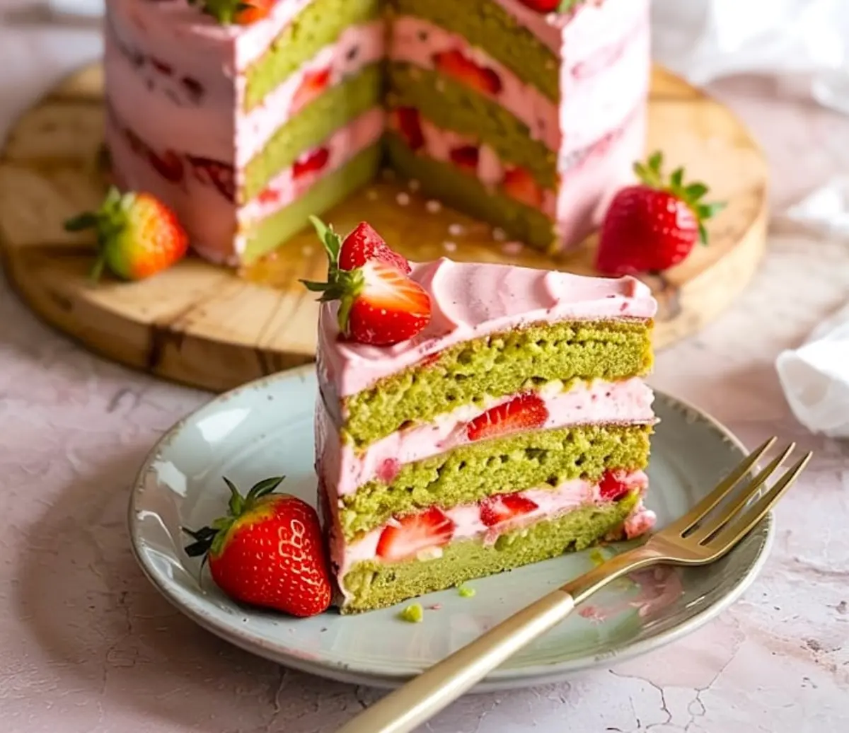 Close-up of a plated slice of matcha strawberry cake with green sponge, strawberry cream, and fresh berries, placed on a light blue plate beside a gold fork.