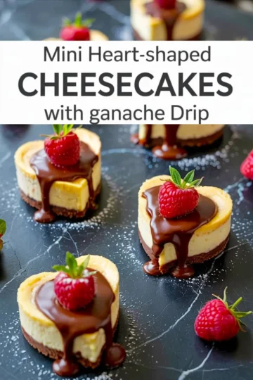 Mini heart-shaped cheesecakes topped with rich chocolate ganache and fresh raspberries, arranged on a dark marbled surface with a glossy finish and a dusting of powdered sugar.