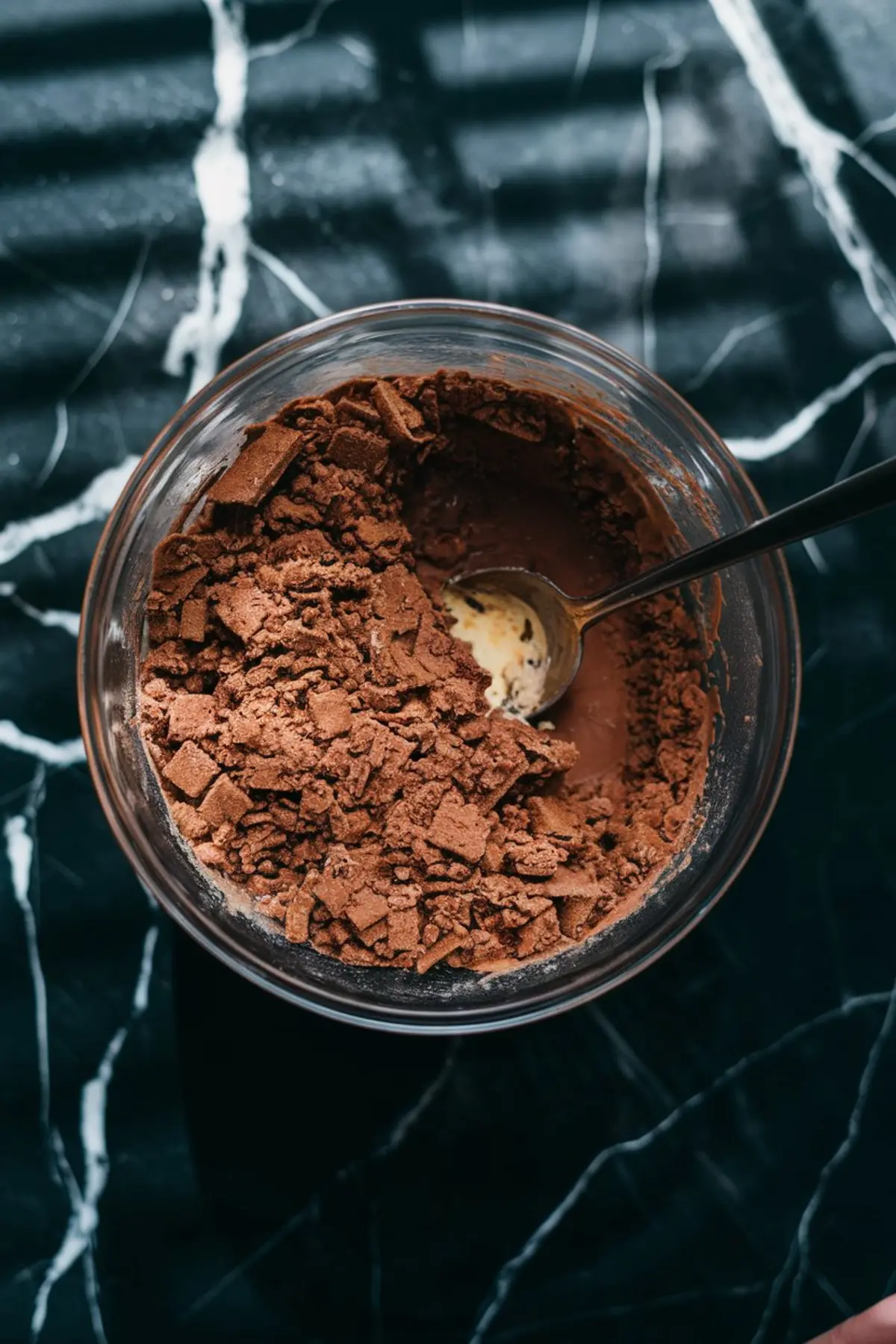 Glass bowl filled with crushed chocolate cookies and melted butter being mixed with a spoon, set on a black marble surface with dramatic lighting.