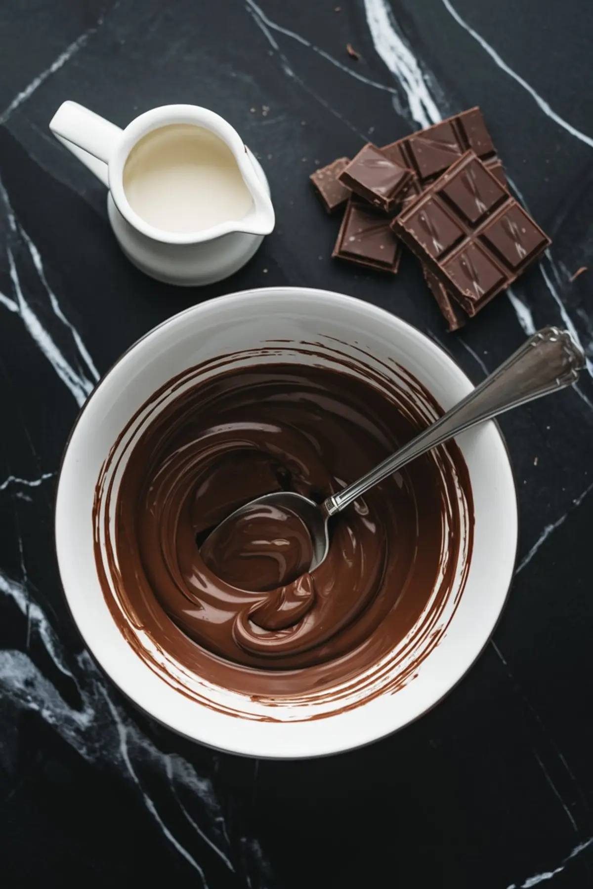 White bowl of melted chocolate ganache with a spoon inside, next to a small jug of cream and pieces of chocolate bar, all arranged on a black marbled surface.