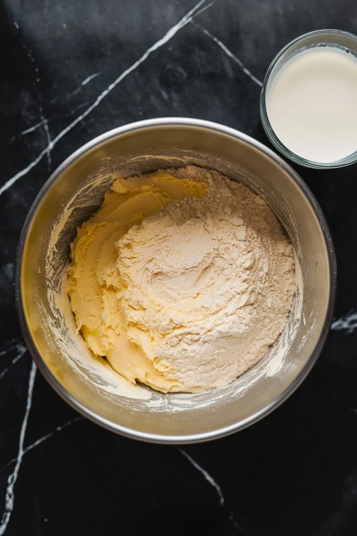 Mixing bowl holding creamed butter and sugar with flour on top, next to a glass of milk, all set on a black marble countertop.