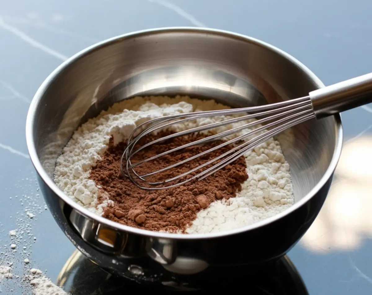 Stainless steel bowl with dry baking ingredients, including cocoa powder and flour, partially mixed with a metal whisk placed on top.