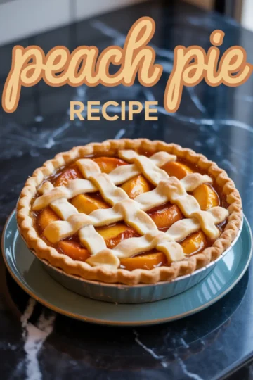 Top image shows a golden-baked peach pie with a lattice crust on a plate, while the bottom image shows a single slice revealing juicy peach filling; both feature “Peach Pie Recipe” text in decorative script.