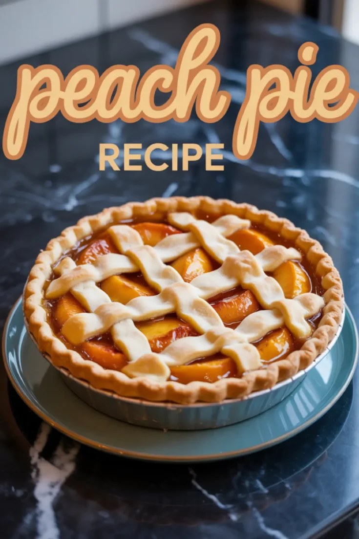 Top image shows a golden-baked peach pie with a lattice crust on a plate, while the bottom image shows a single slice revealing juicy peach filling; both feature “Peach Pie Recipe” text in decorative script.