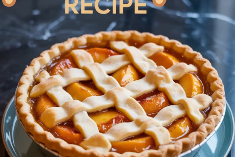 Top image shows a golden-baked peach pie with a lattice crust on a plate, while the bottom image shows a single slice revealing juicy peach filling; both feature “Peach Pie Recipe” text in decorative script.