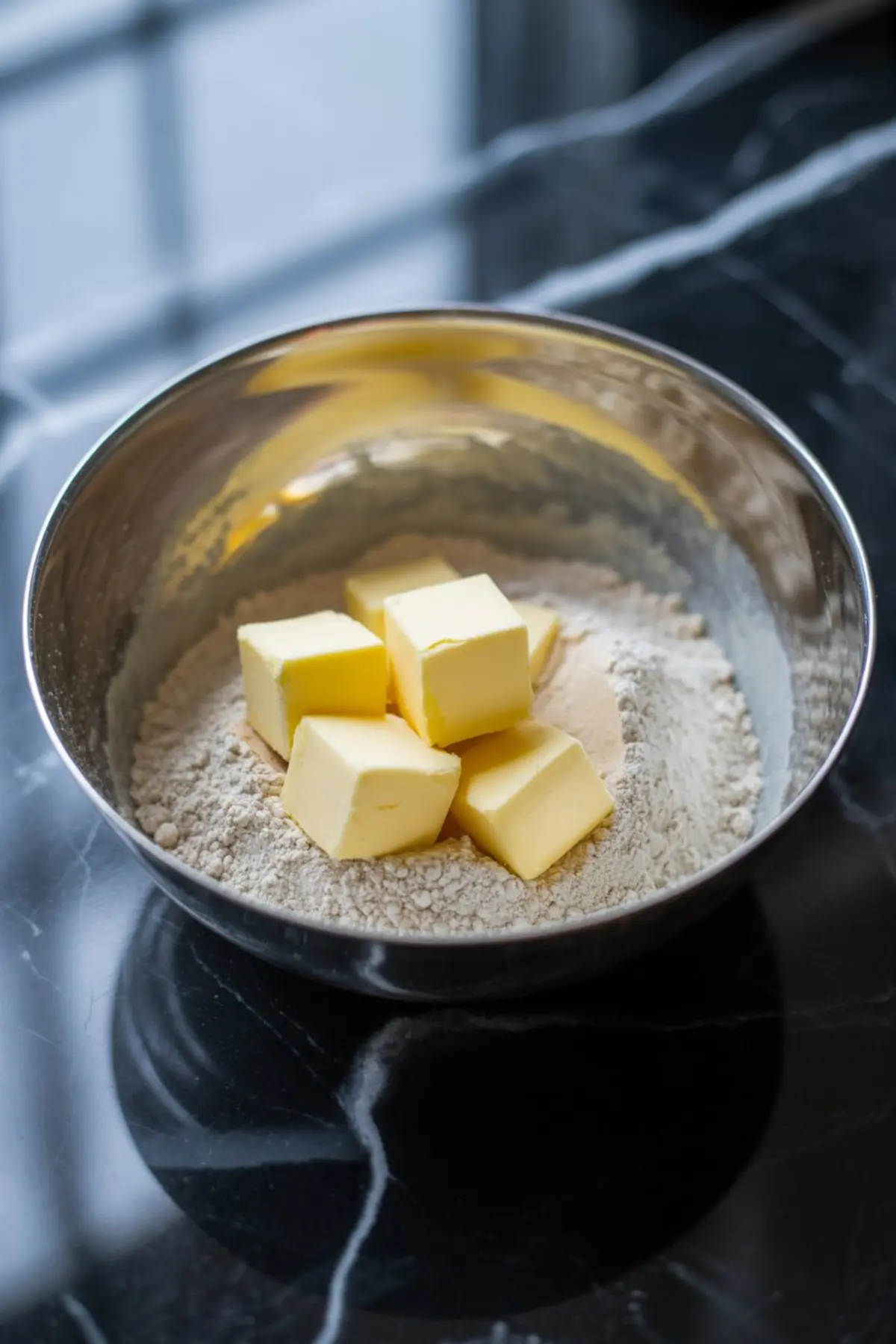 Metal mixing bowl containing cubed cold butter and flour, ready to be combined for a homemade pie crust, placed on a black marble surface.
