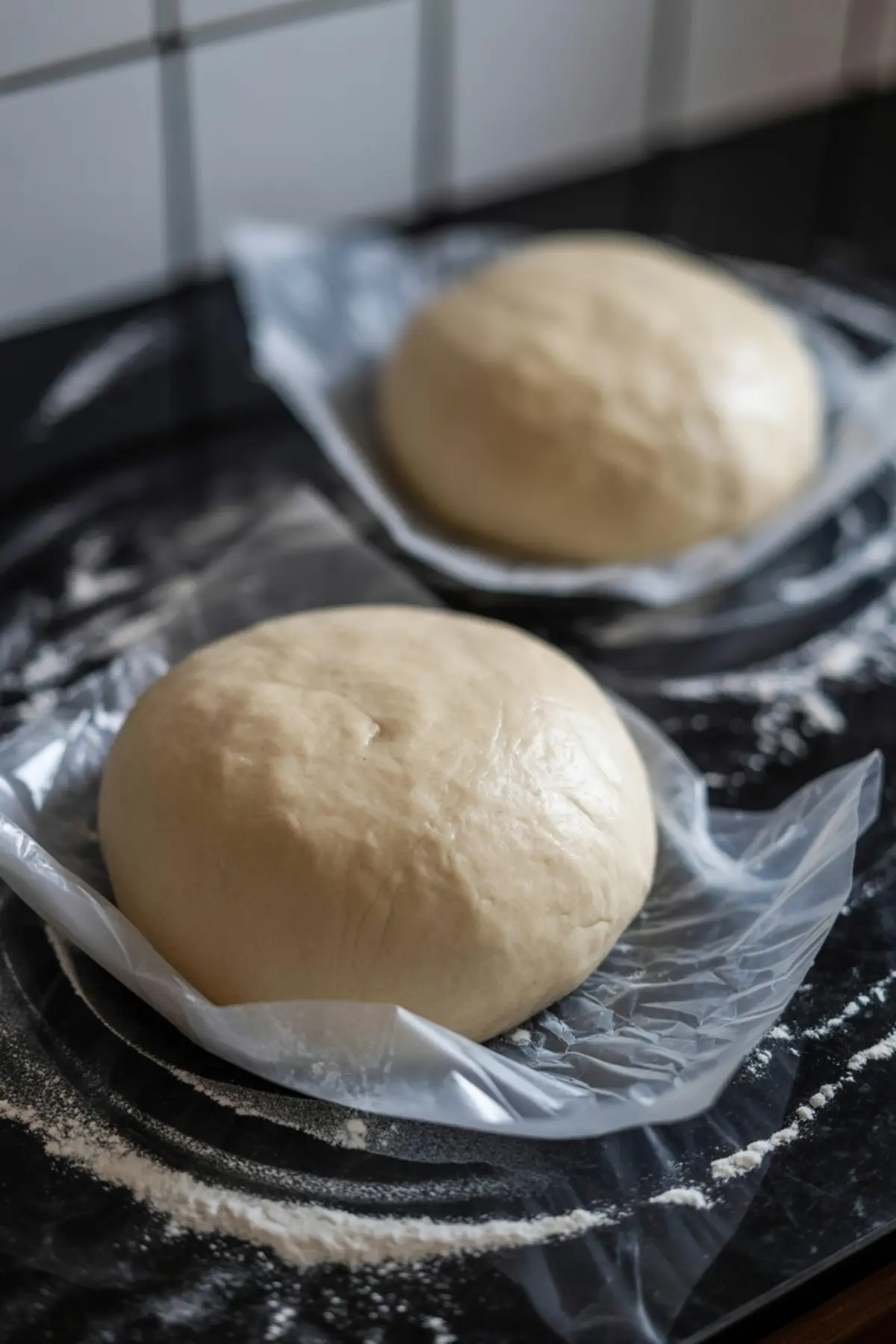 Two smooth dough balls resting on parchment paper with a dusting of flour underneath, set on a black countertop in preparation for pie making.