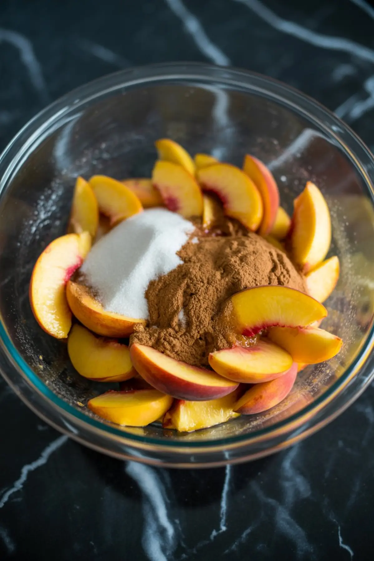 Clear mixing bowl with sliced fresh peaches topped with ground cinnamon and granulated sugar on a black countertop, prepared for peach pie filling.