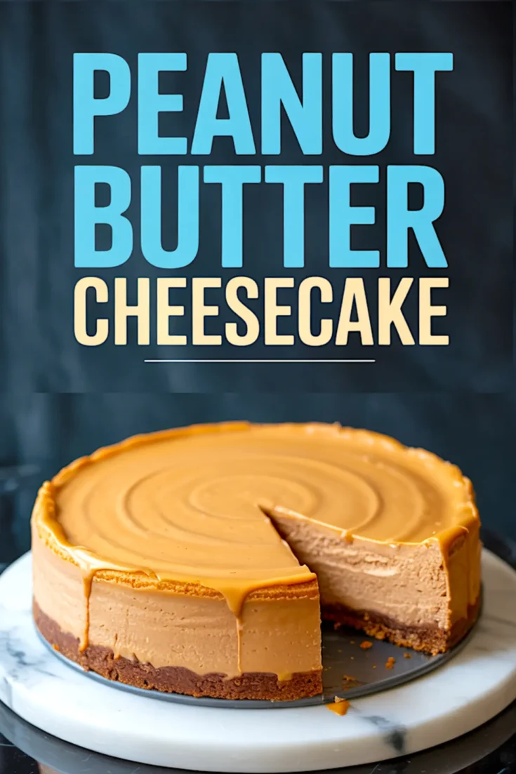 Whole peanut butter cheesecake with smooth caramel-like glaze on top and one slice removed, showcasing creamy interior layers and graham cracker crust, displayed on a marble cake stand.