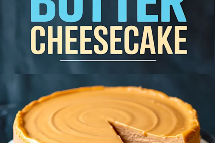 Whole peanut butter cheesecake with smooth caramel-like glaze on top and one slice removed, showcasing creamy interior layers and graham cracker crust, displayed on a marble cake stand.