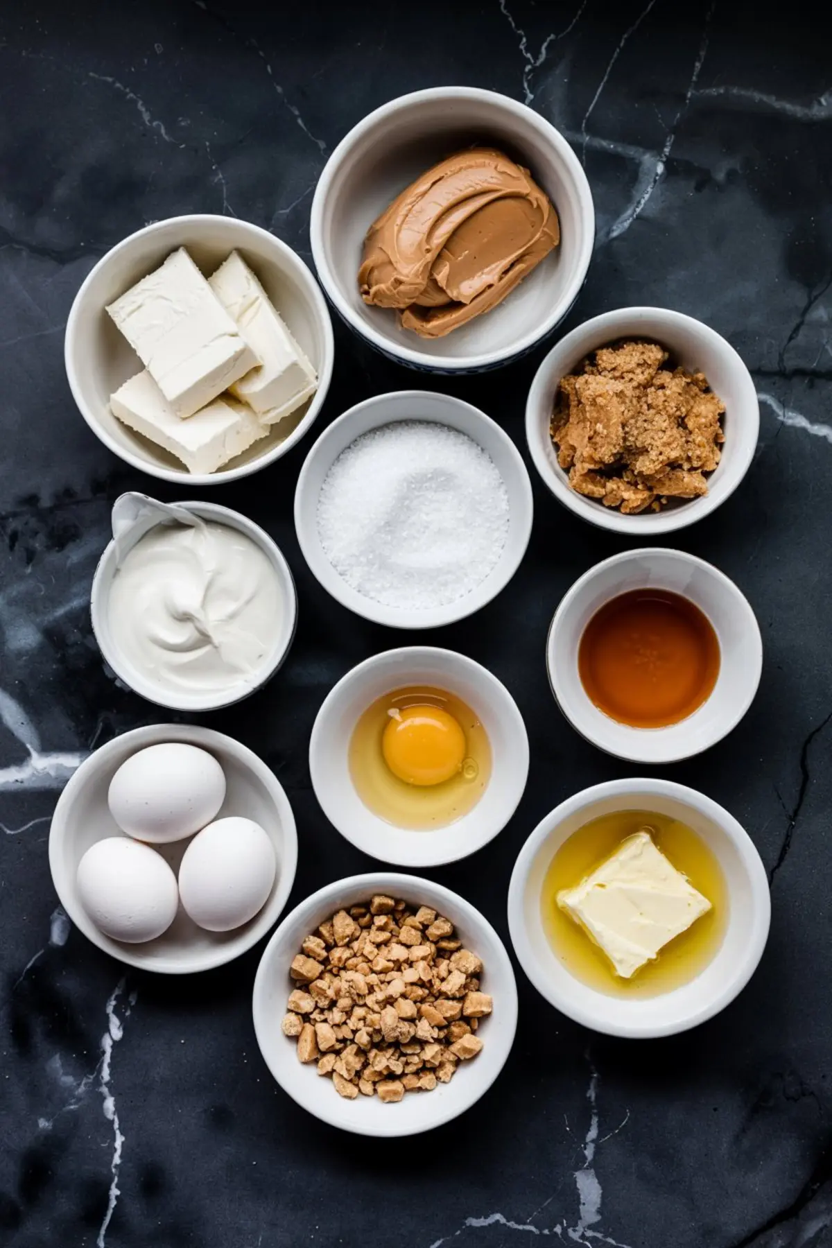 Overhead view of individual cheesecake ingredients in small white bowls, including cream cheese, peanut butter, brown sugar, sour cream, granulated sugar, eggs, vanilla extract, toffee bits, and melted butter, arranged on black marble.
