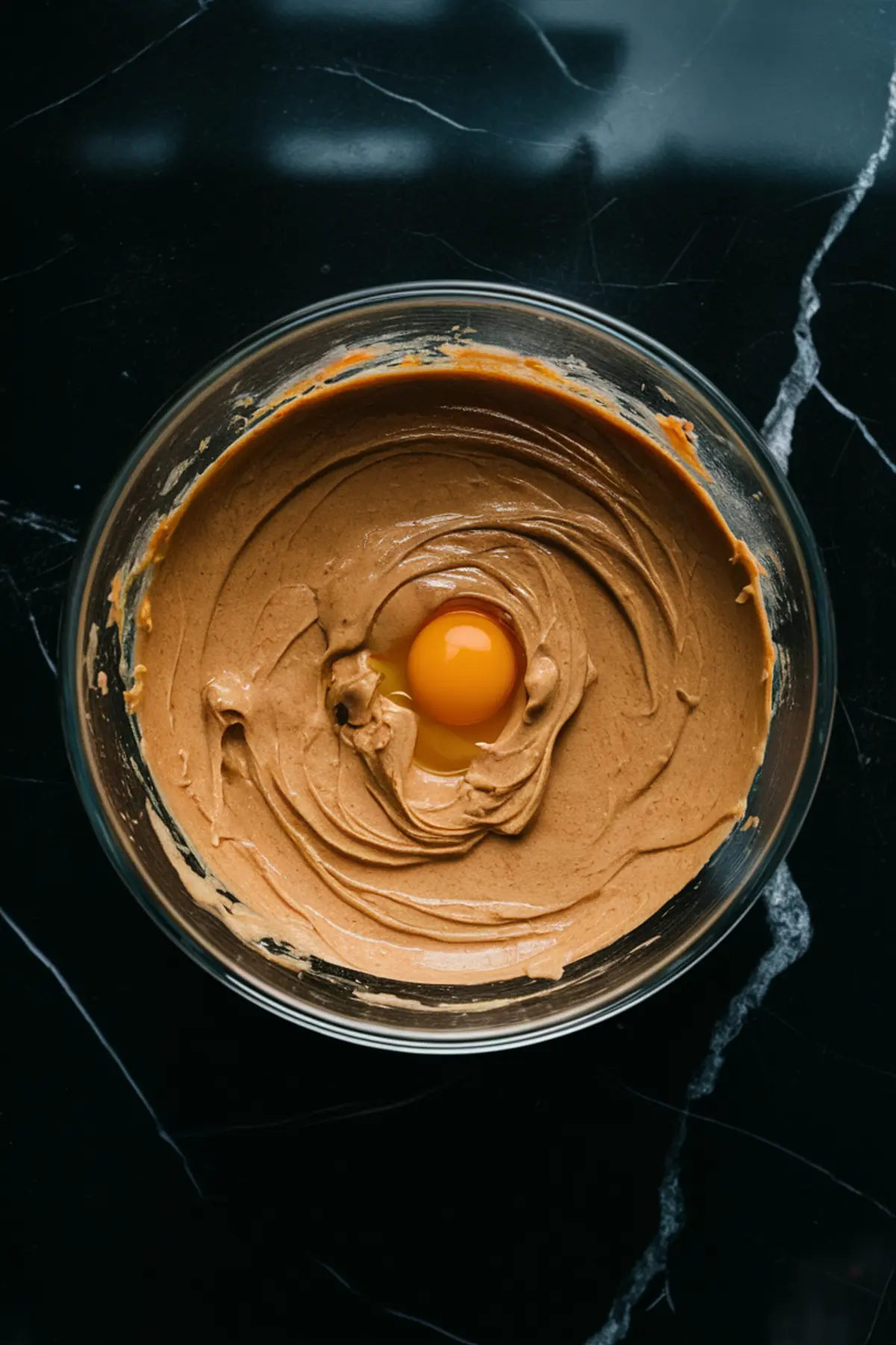 Glass bowl with peanut butter cheesecake batter and a raw egg added in the center, ready to be mixed, set on a black marble background.

