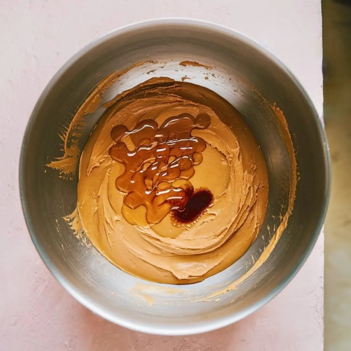 Peanut butter mixture in a stainless steel bowl with glossy honey and dark vanilla extract drizzled on top, highlighting ingredients for homemade peanut butter dip.