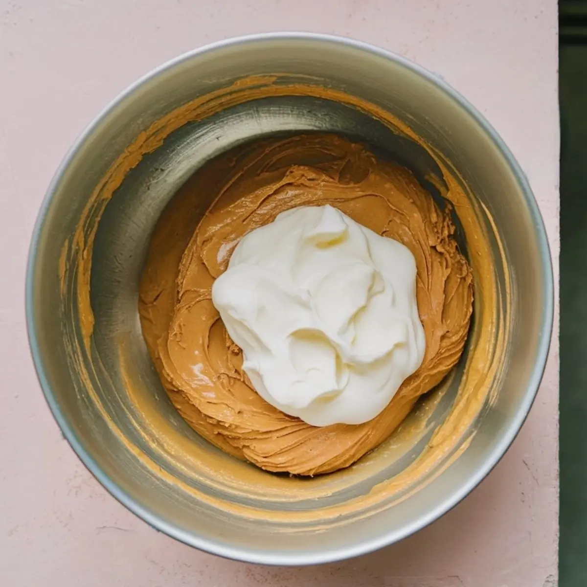 Peanut butter mixture topped with a generous scoop of fluffy whipped cream in a stainless steel mixing bowl, preparing a light and creamy dip.