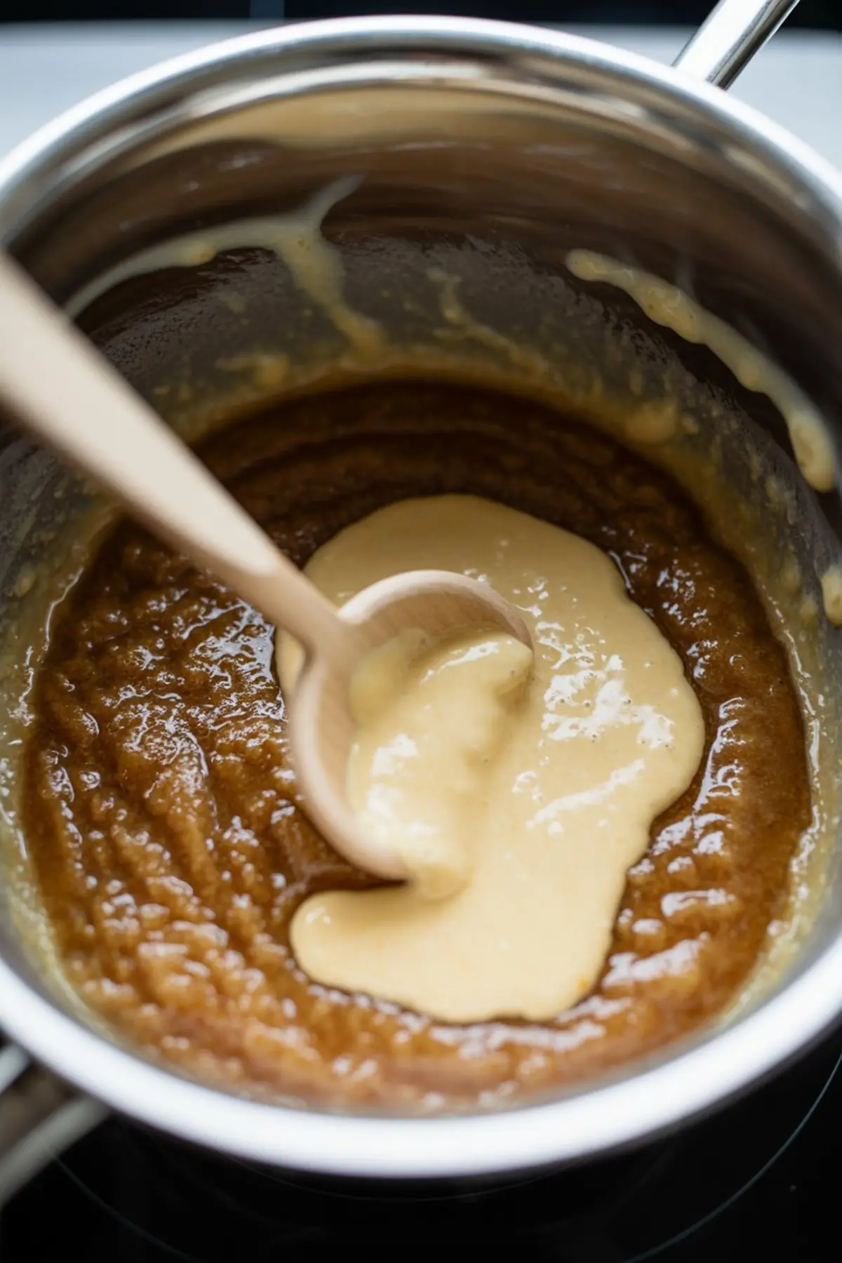 Rich brown sugar mixture in a saucepan with creamy liquid being stirred in using a wooden spoon, showing the blending step for pecan pie dip filling.
